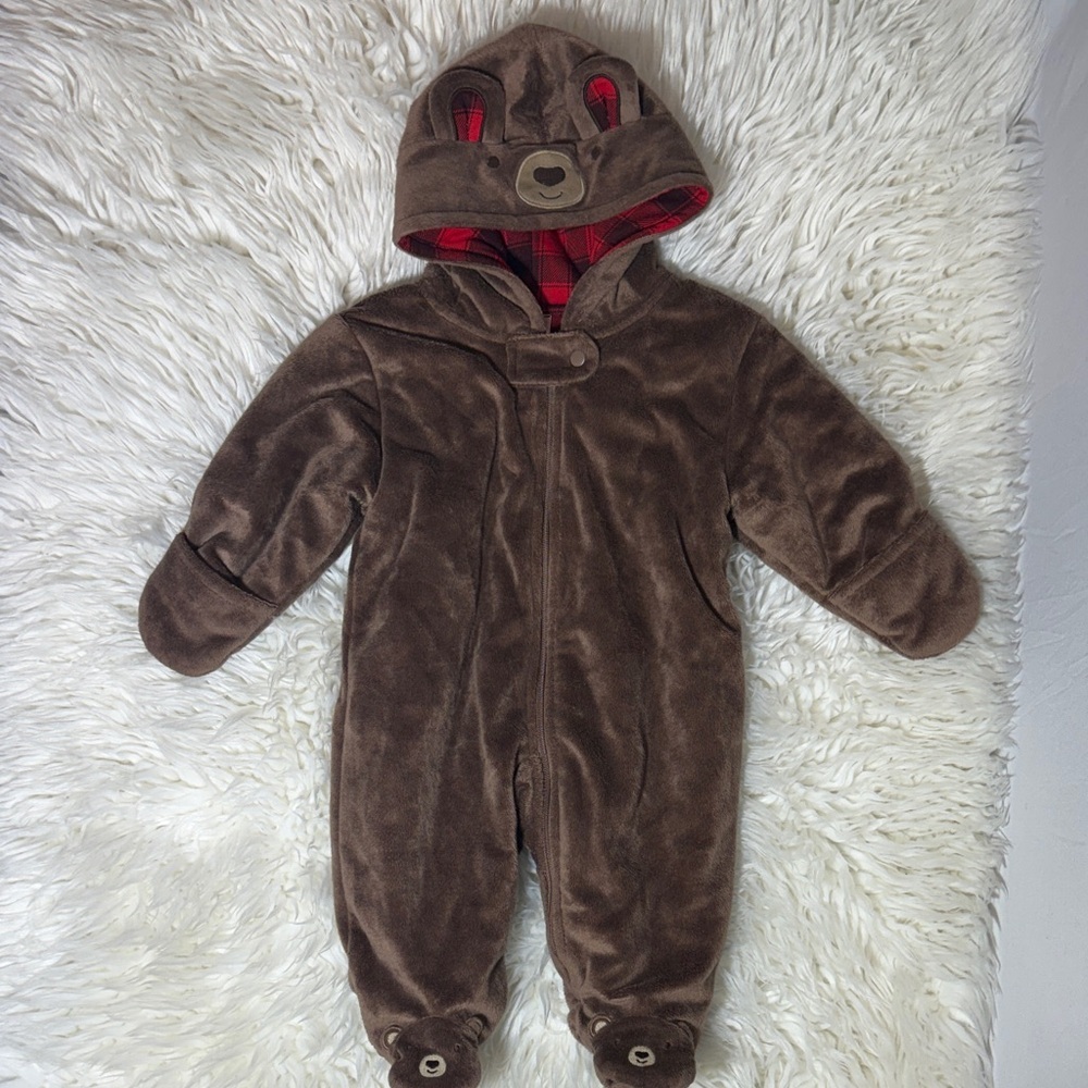 Carter's Brown Bear Plush Fleece One-Piece with Red Plaid Lining